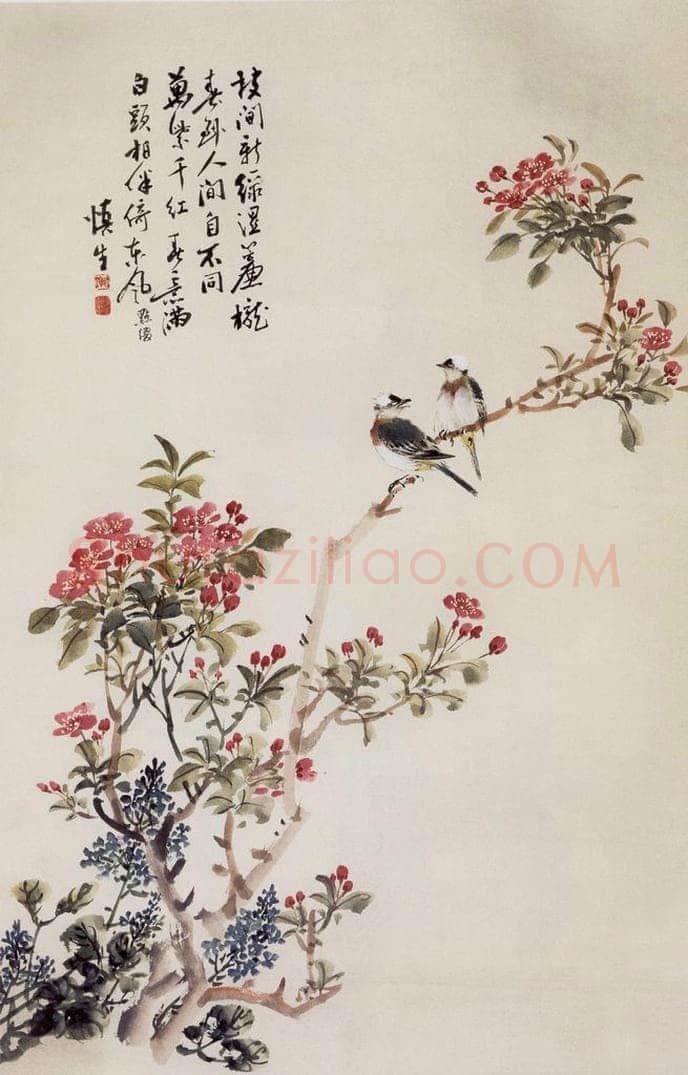 50年代 汪慎生 海棠花白头翁 书画作品