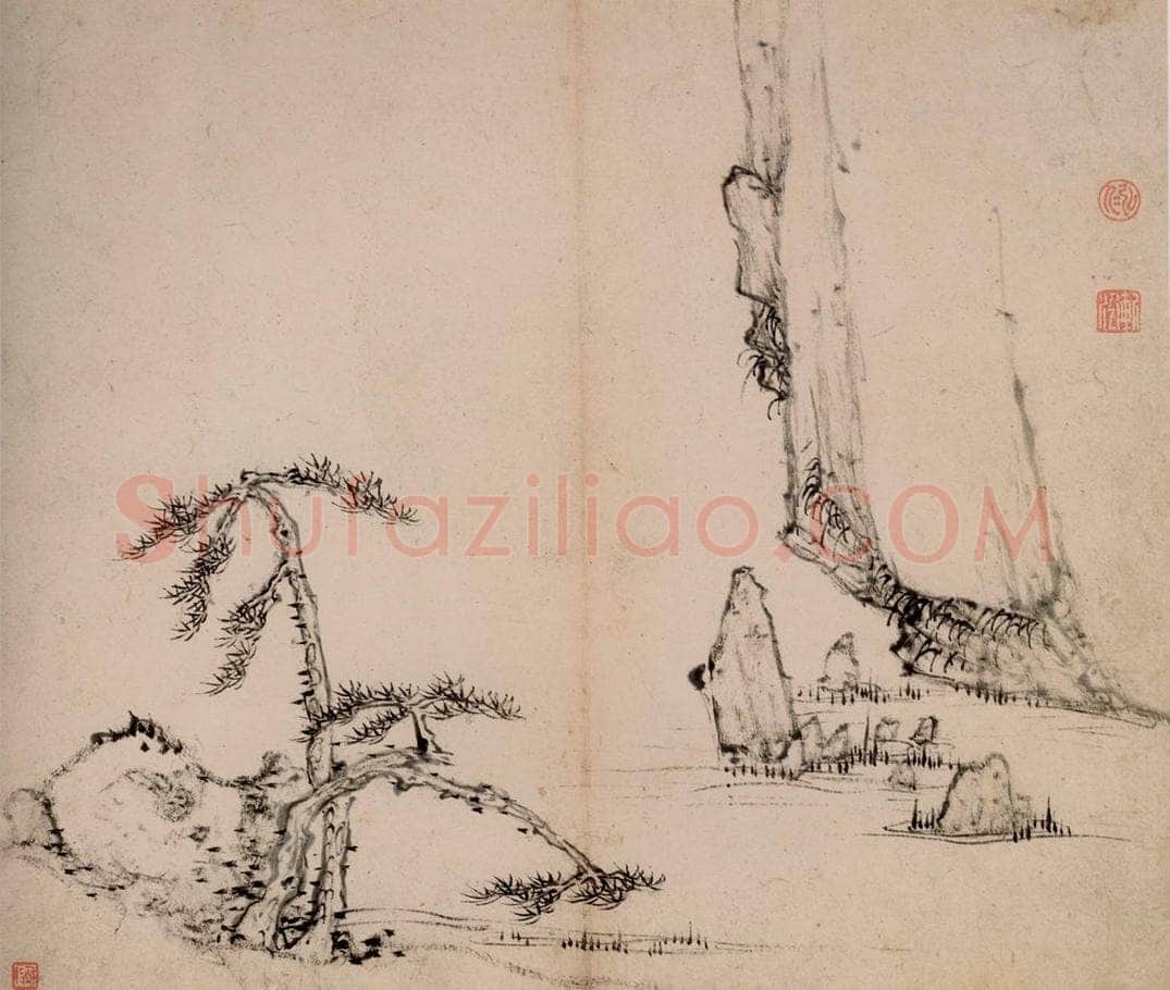 清 弘仁 《临水双松图页》 书画作品