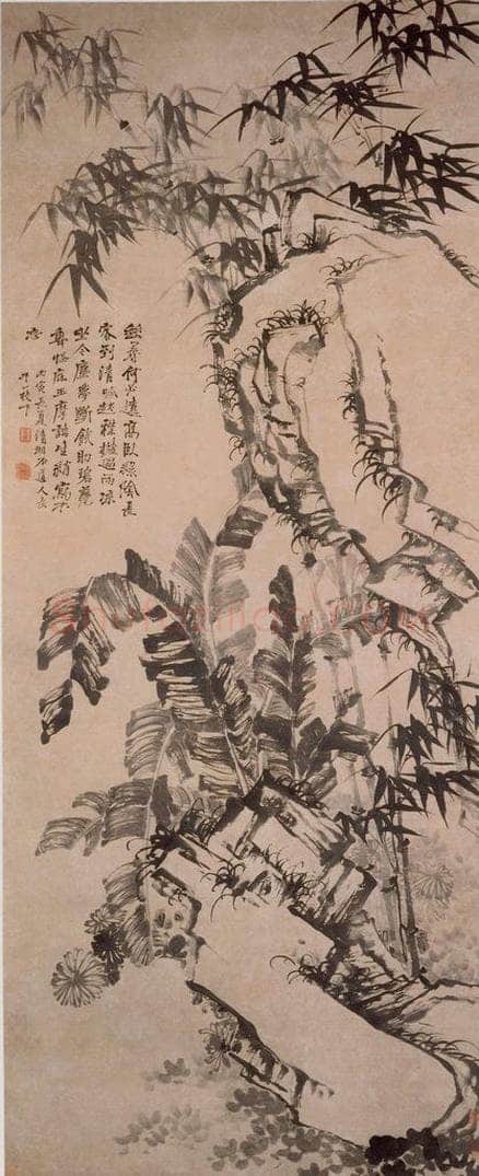 清 石涛 《蕉菊竹石图轴》 书画作品