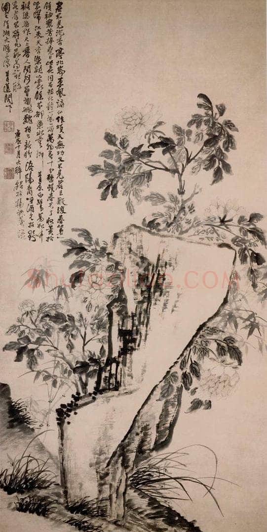 清 石涛 《牡丹竹石图轴》 书画作品