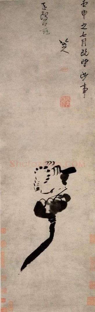清 朱耷 《莲蓬小鸟图轴》 书画作品