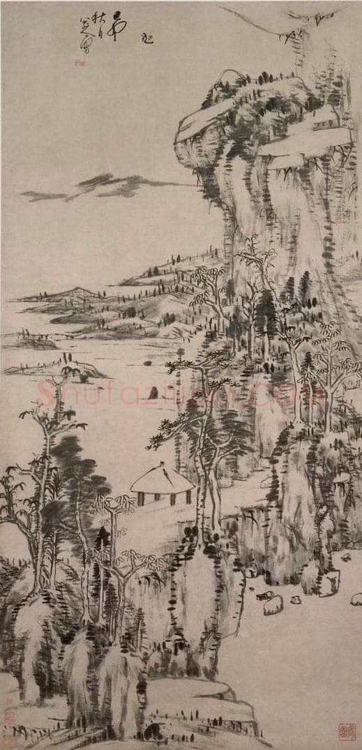 清 朱耷 《秋林亭子图轴》 书画作品