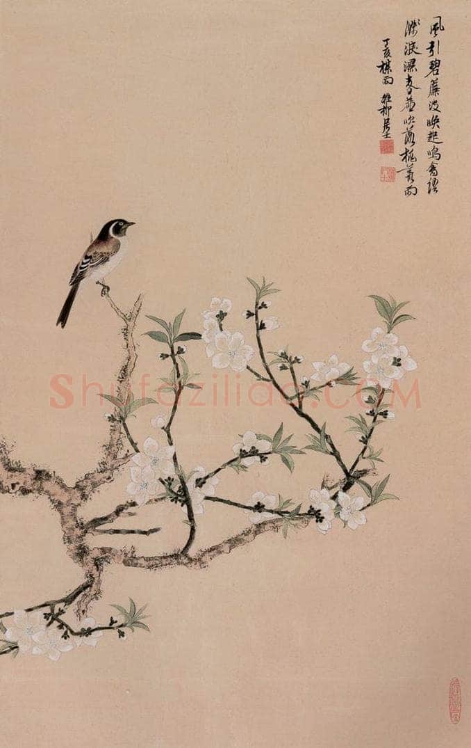 1947年 谢稚柳 《桃花鸣禽图》 书画作品