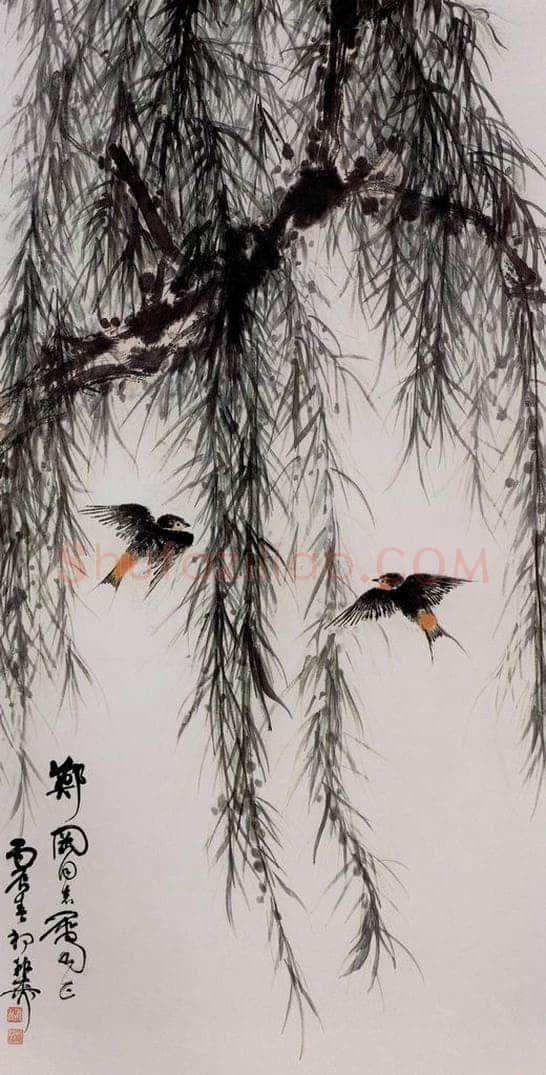 1976年 谢稚柳 重柳双燕图 书画作品