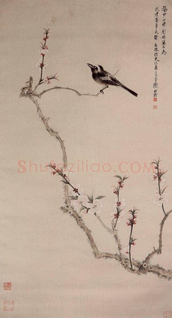 1947年 谢稚柳 《桃花小鸟图》 书画作品