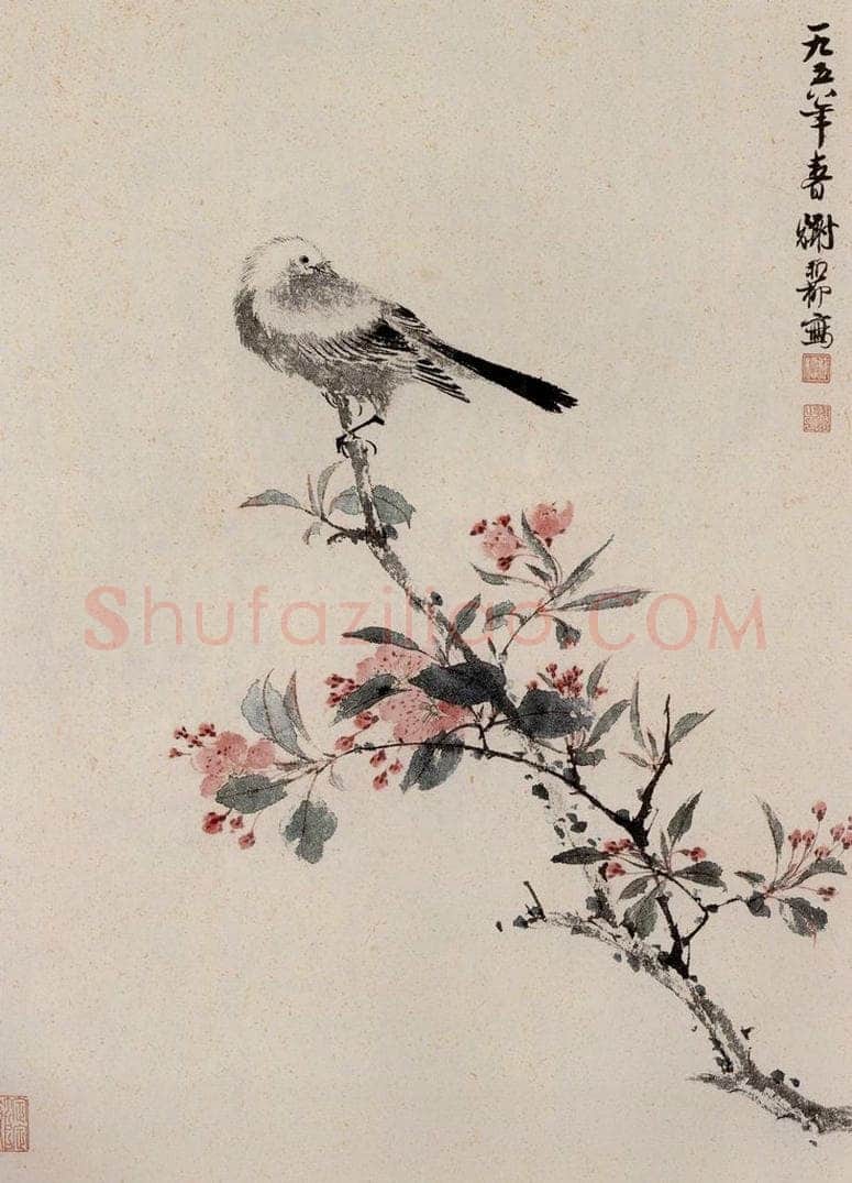1958年 谢稚柳 《海棠春鸟图》 书画作品
