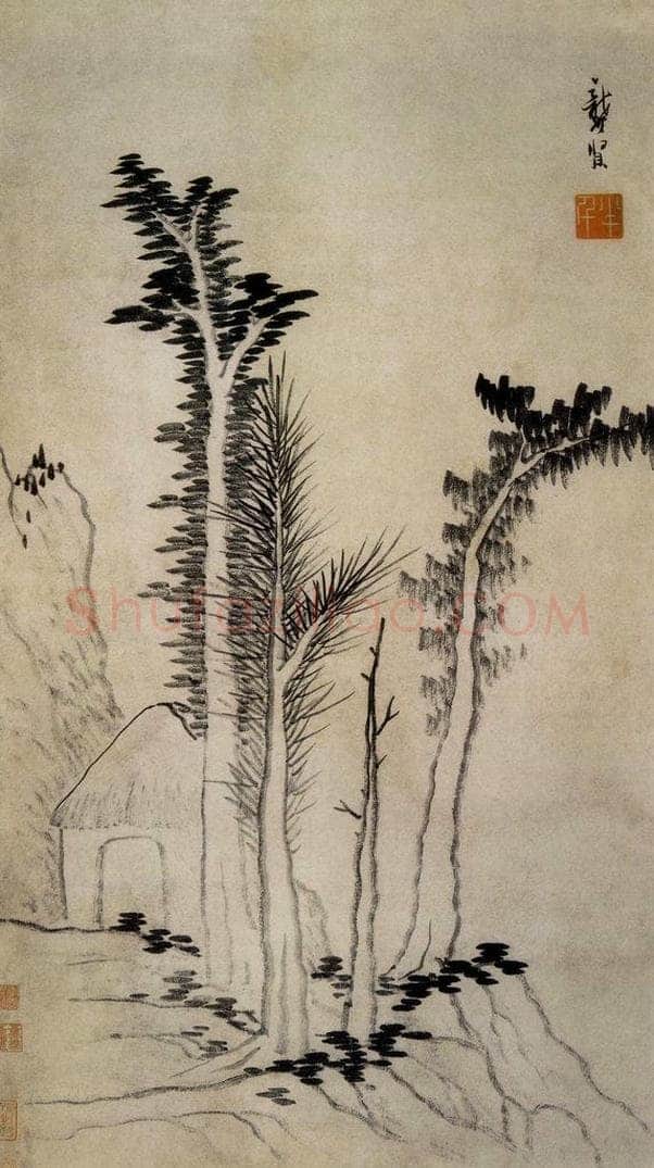 清 龚贤 疏林茅屋图轴 书画作品