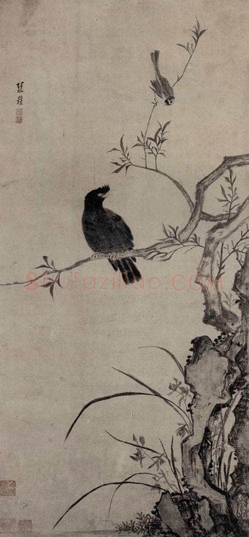 清 张穆 《籣石八哥图轴》 书画作品