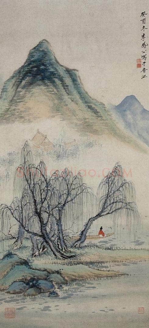 清 李凤廷 《柳堤春泊图轴》 书画作品