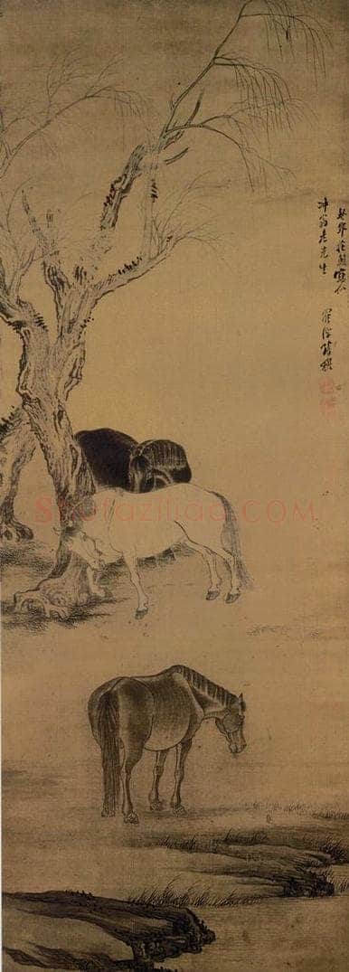 清 张穆 《柳树三马图轴》 书画作品