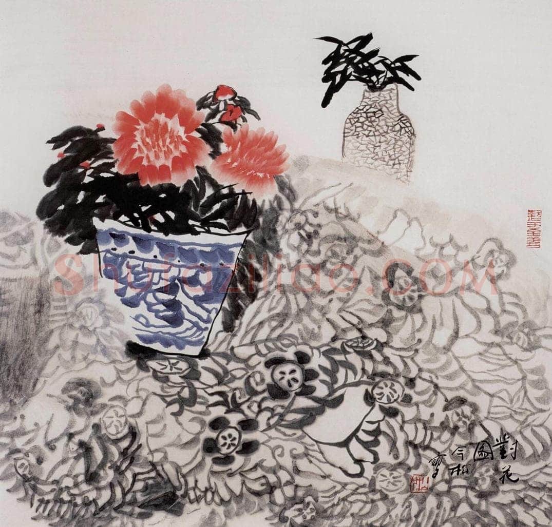 2000年 冯今松 《对花图》 书画作品