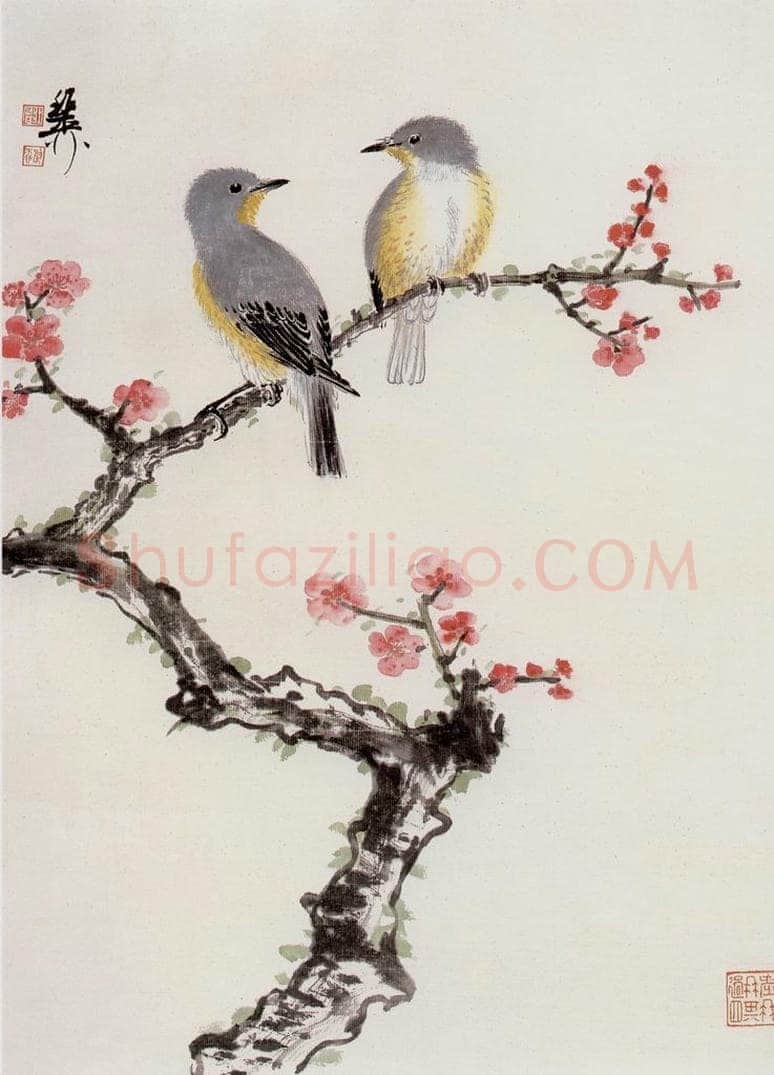  谢稚柳 桃花双雀 书画作品
