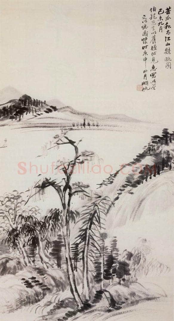 近现代 吴湖帆 仿石涛江归帆图轴 书画作品