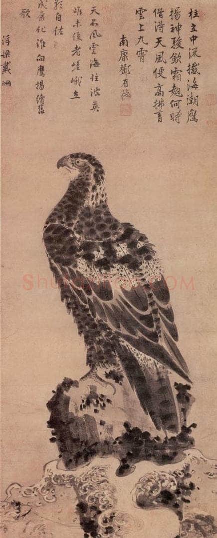明 无款 苍鹰柱石图轴 书画作品