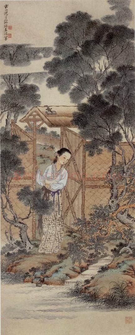  徐燕孙 《柴门仕女》 书画作品