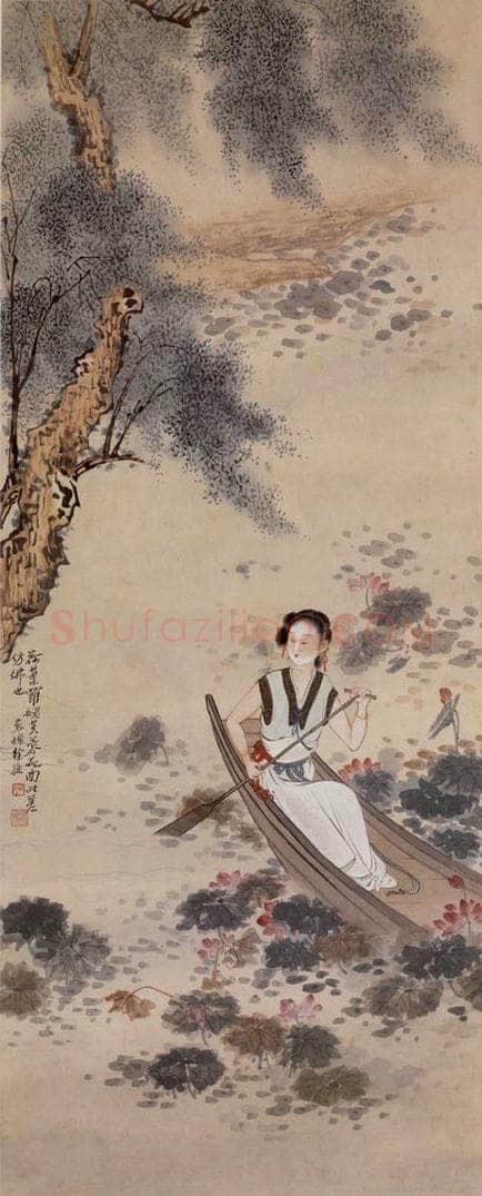  徐燕孙 《荷塘仕女》 书画作品