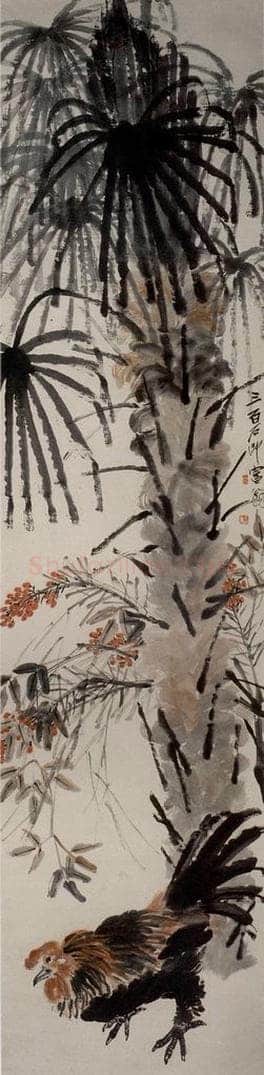 约20年代初期 齐白石 《棕树公鸡》 书画作品