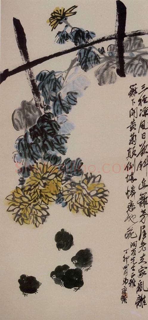1927年 齐白石 《菊花雏鸡》 书画作品