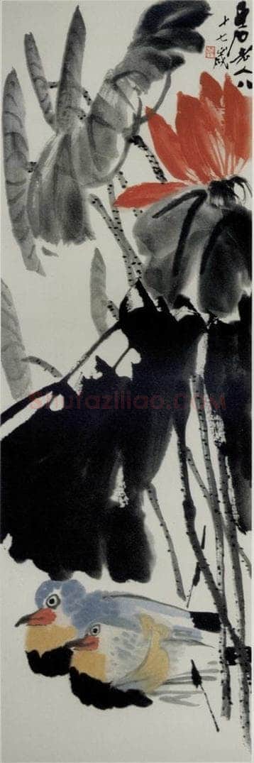 1947年 齐白石 《荷花鸳鸯》 书画作品