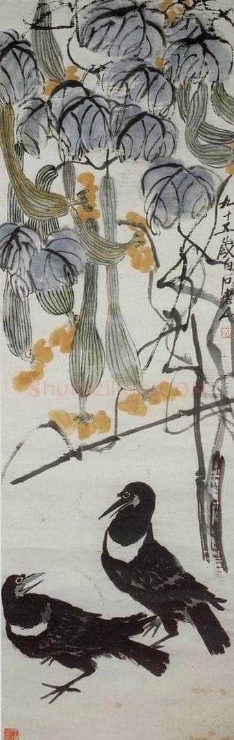 齐白石 丝瓜双鸦 书画作品