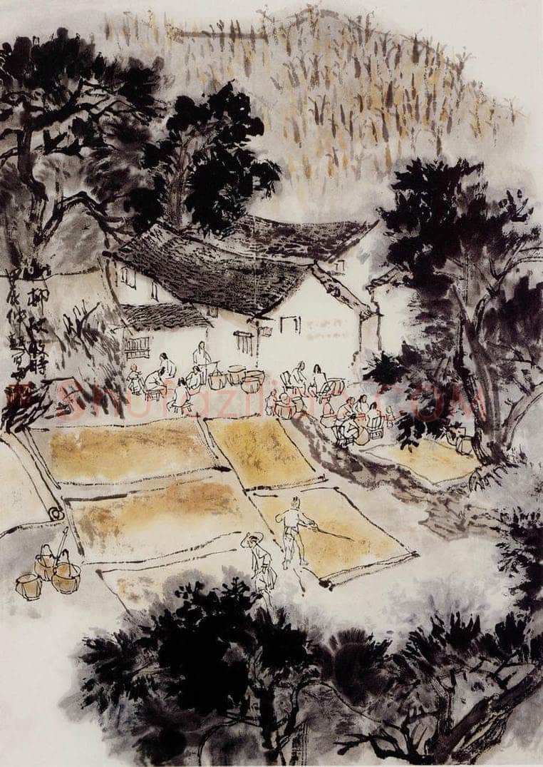 孔仲起 《山村秋收时》 书画作品