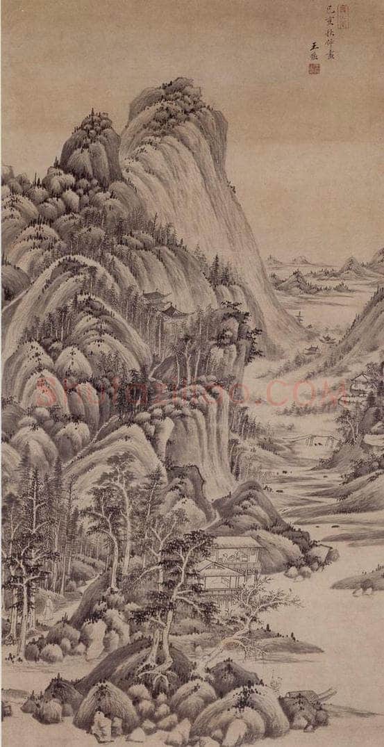 清 王鉴 水阁对话图轴 书画作品