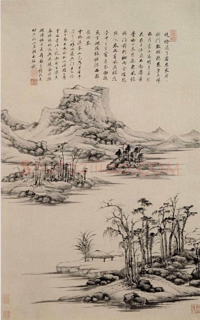 清 王鉴 仿倪瓒溪亭山色图轴 书画作品