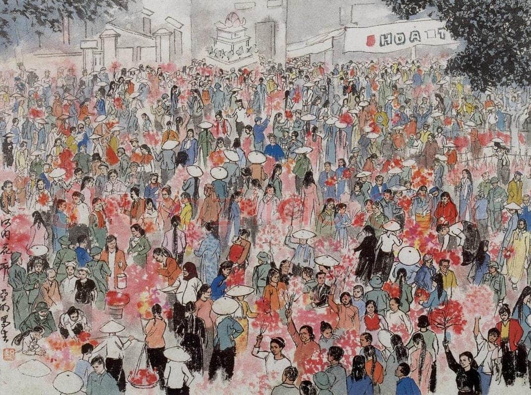 1973年 亚明 《河内春节花市》 书画作品