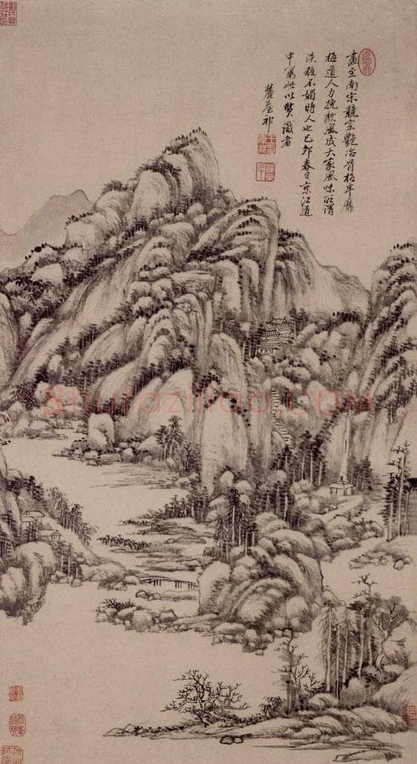 清 王原祁 《仿吴镇山水图轴》 书画作品