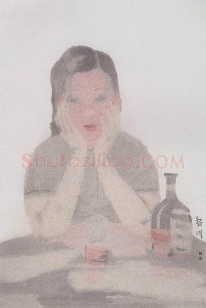 2001年 田黎明 喝红酒的女孩 书画作品