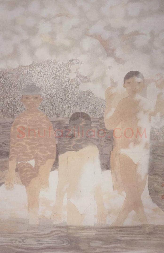 1996年 田黎明 三个泳者 书画作品