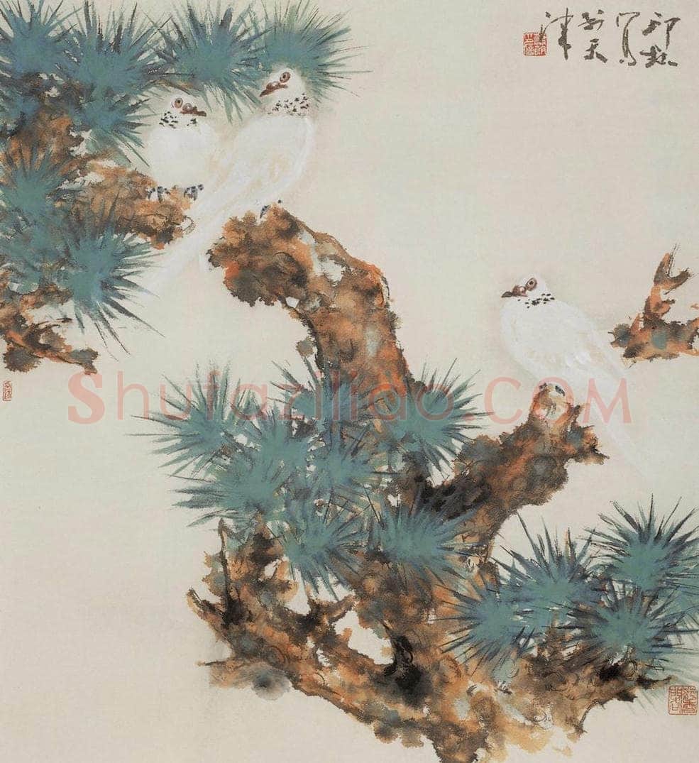 1987年 萧朗 《松枝斑鸠图》 书画作品