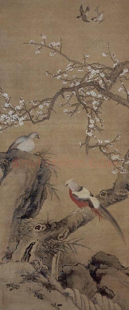 清 余稚 《鸠雀争春图轴》 书画作品
