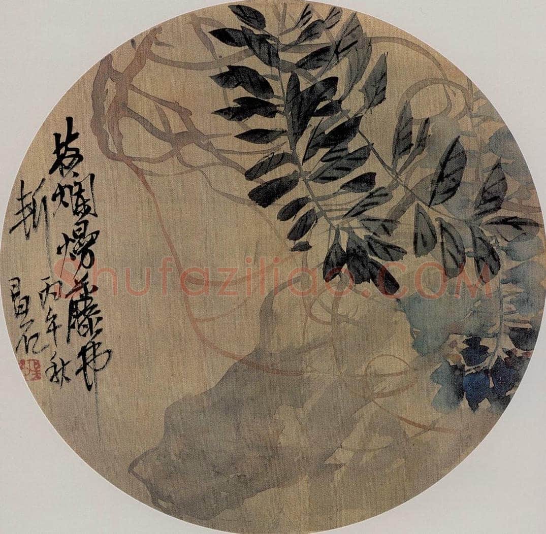 清 吴昌硕 《紫藤团扇》 书画作品
