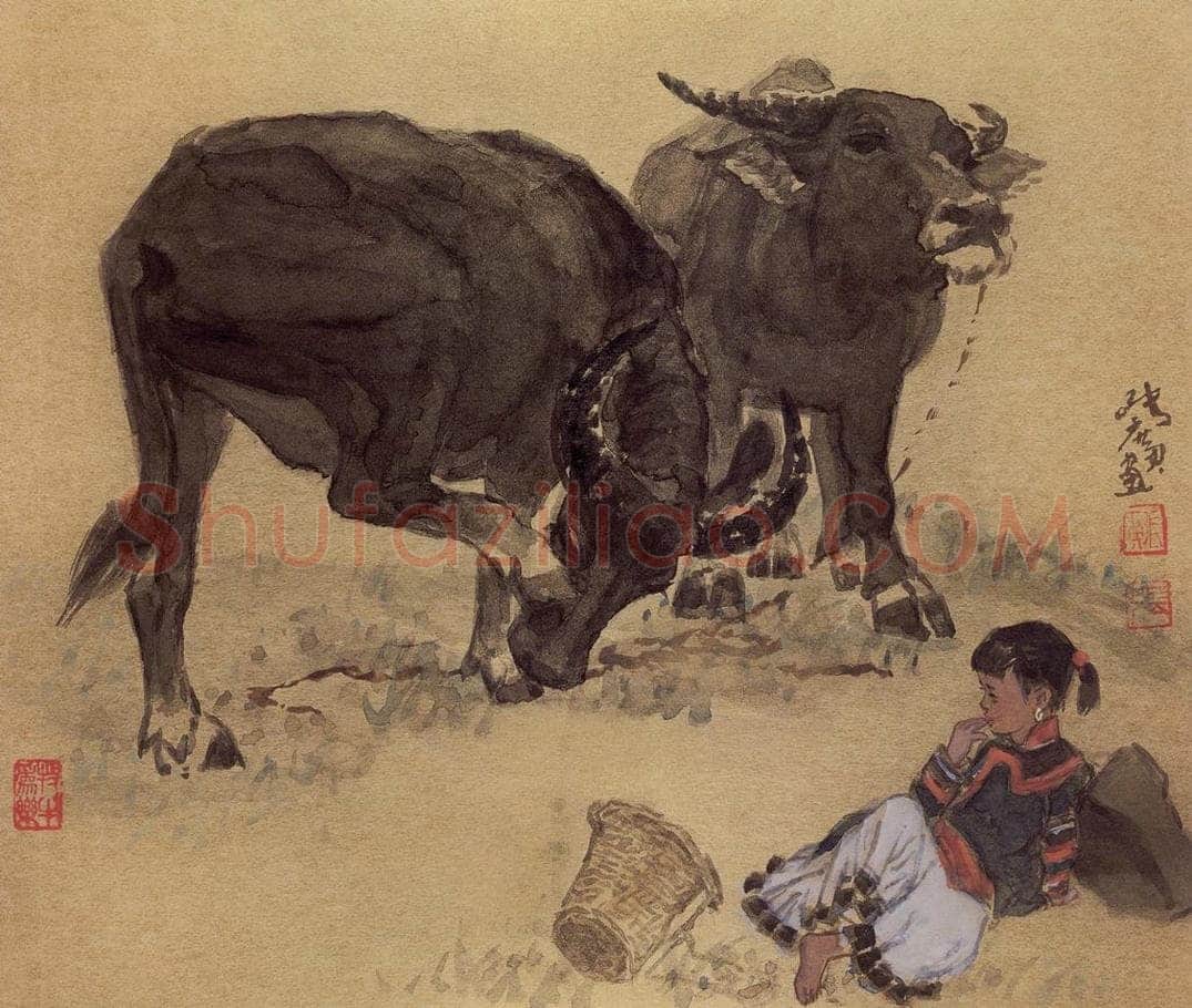 现代 张广 《女孩与牛》 书画作品
