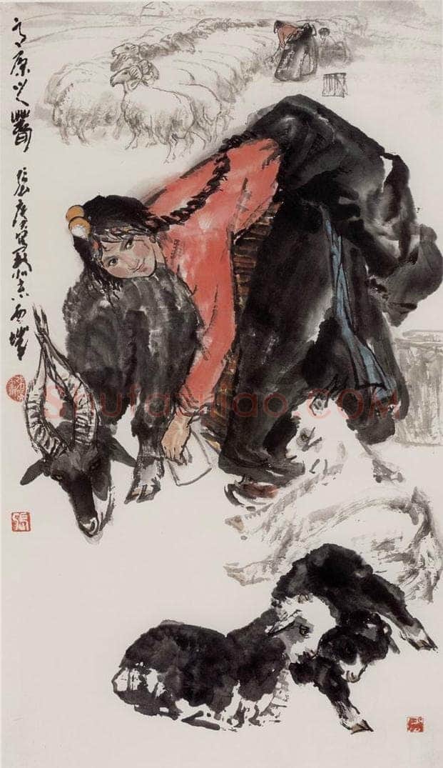  张广 《挤奶图》 书画作品