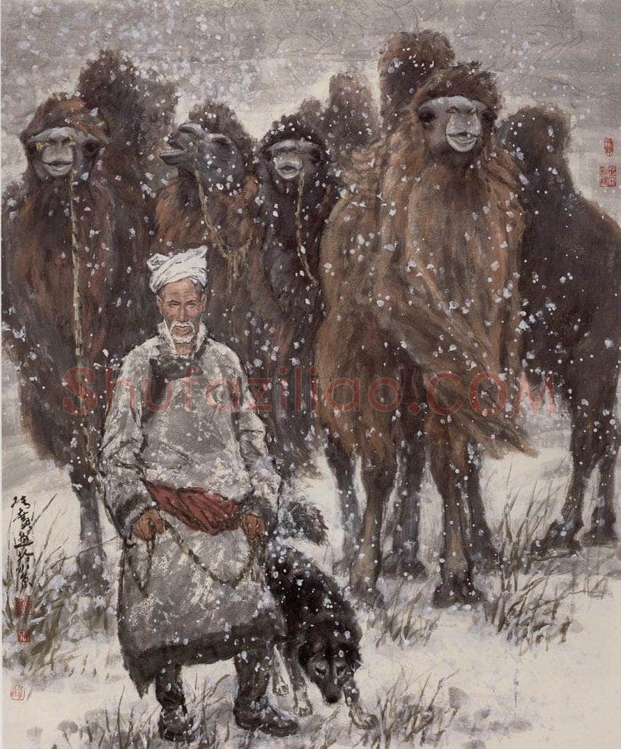 现代 张广 《飞雪牧驼》 书画作品