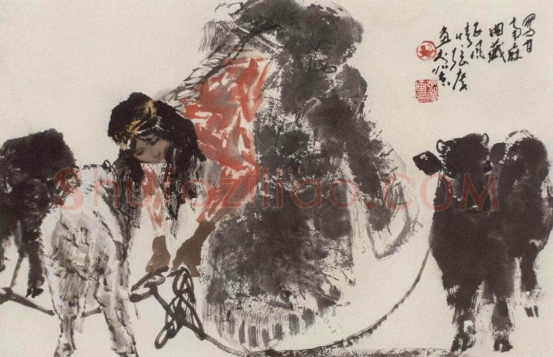 现代 张广 《育犊图》 书画作品