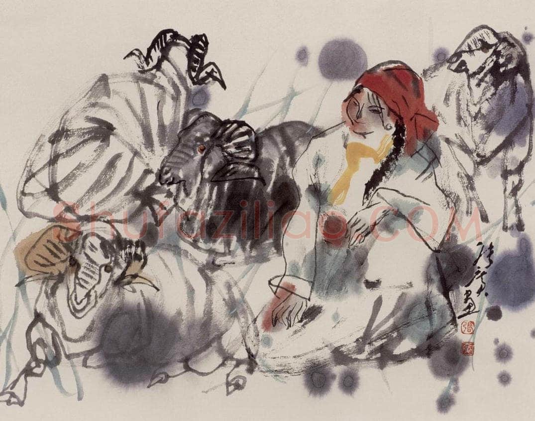 现代 张广 《牧羊女》 书画作品