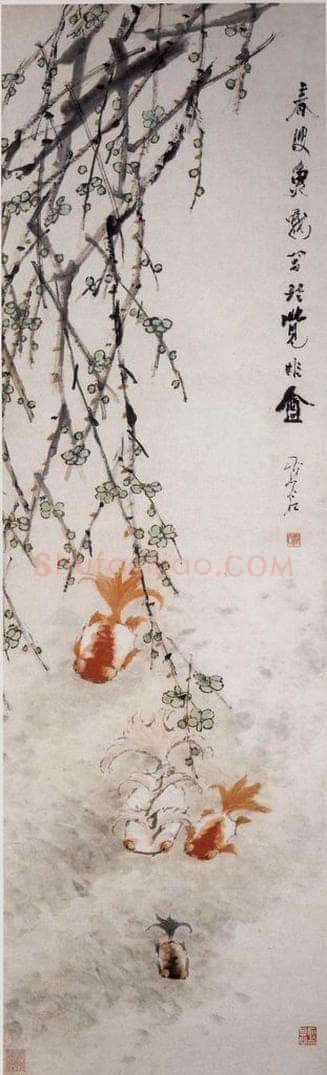 清 虚谷 《春波鱼戏图轴》 书画作品