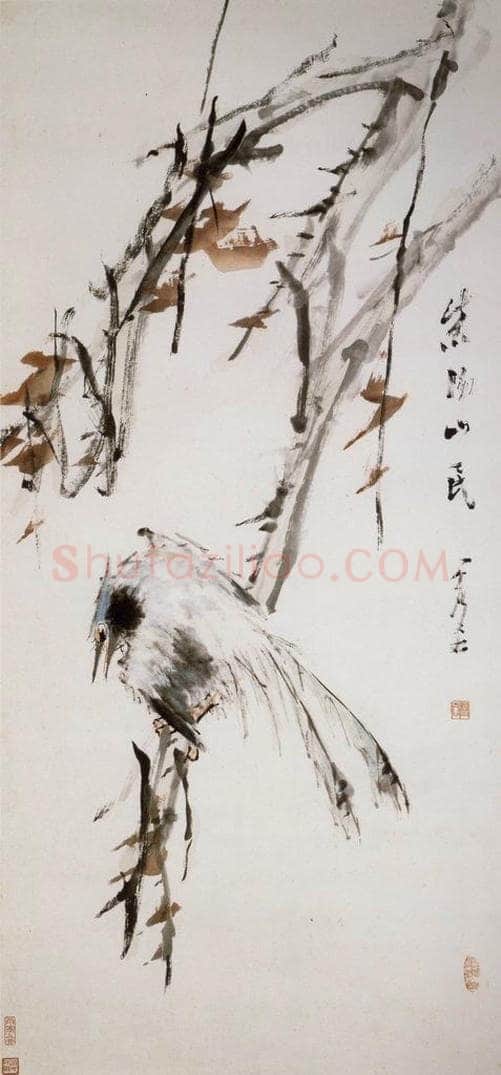 清 虚谷 《红枫寿带图轴》 书画作品