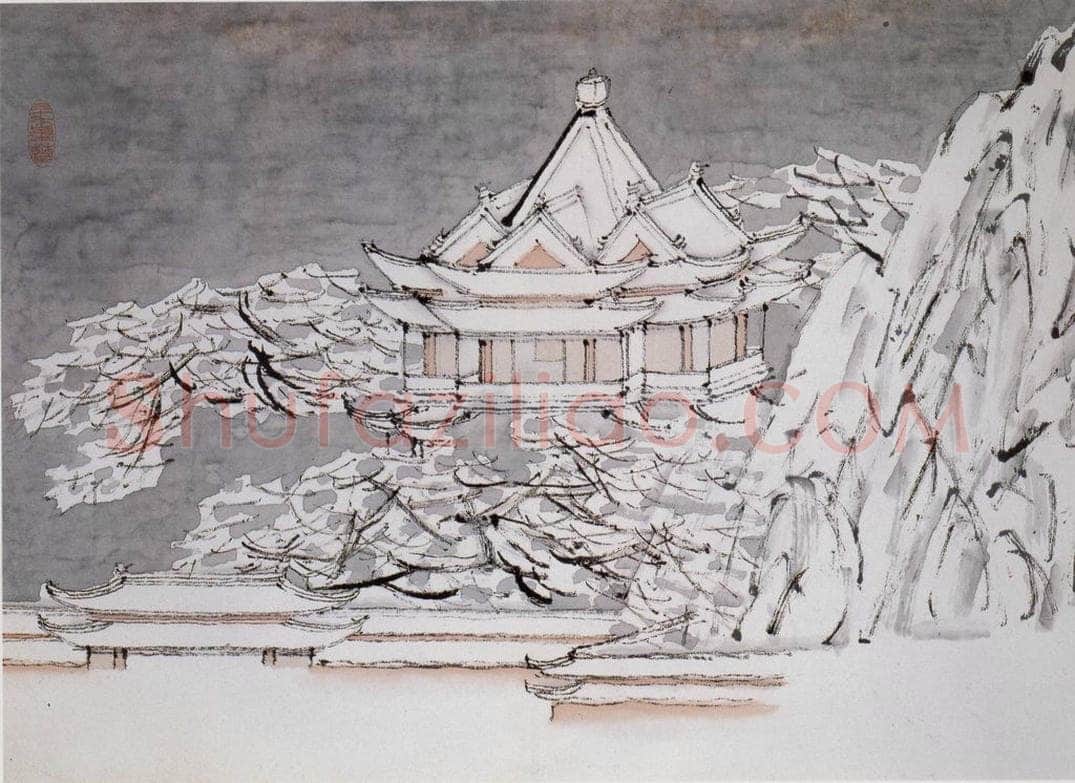 清 虚谷 《山水册·古殿银妆》 书画作品