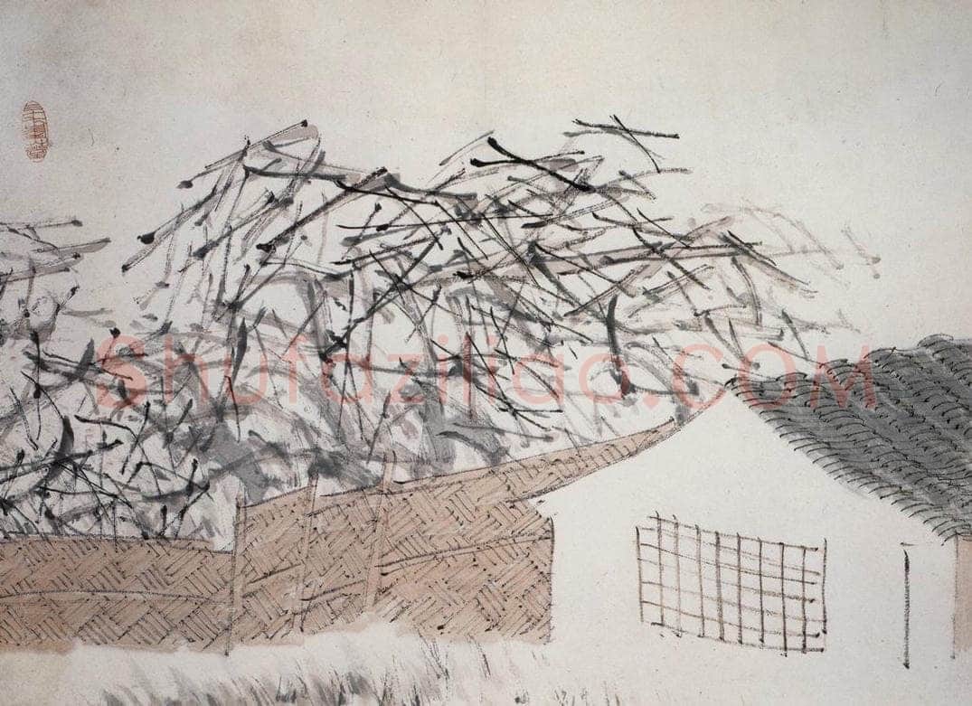 清 虚谷 《山水册·篱宅桑枝》 书画作品