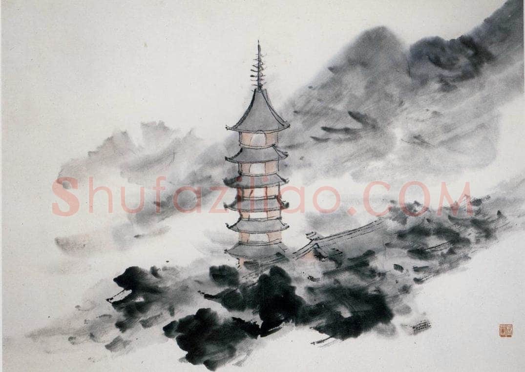 清 虚谷 《山水册·古刹梵音》 书画作品