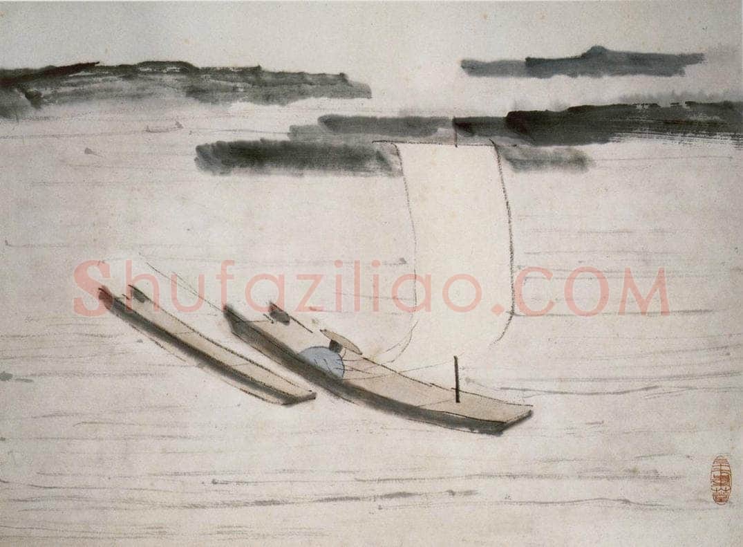 清 虚谷 《山水册·碧湖缓舟》 书画作品