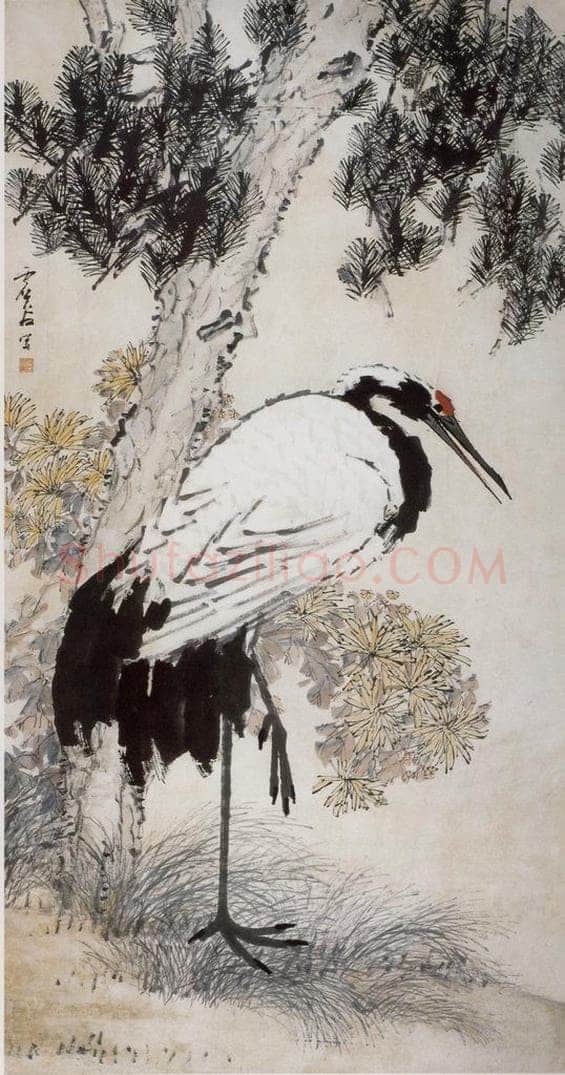 清 虚谷 《松鹤~菊图轴》 书画作品
