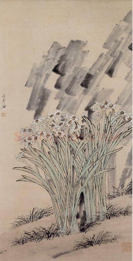 清 虚谷 《水仙石轴图》 书画作品