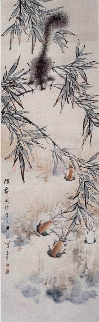 清 虚谷 《松鼠金鱼图轴》 书画作品
