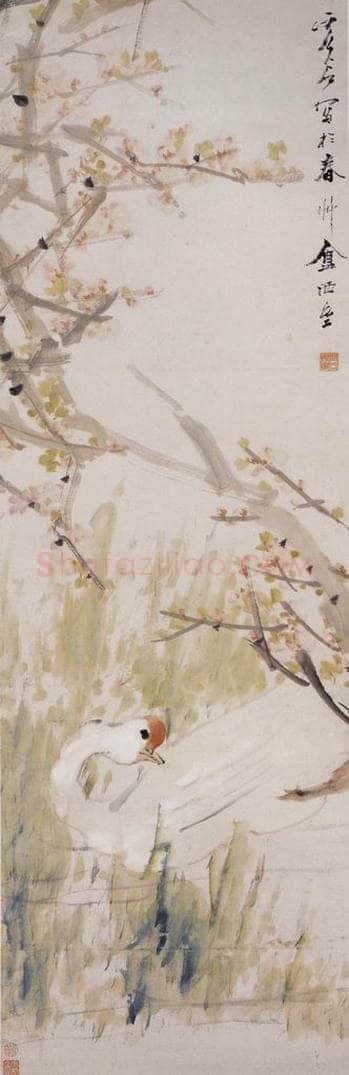 清 虚谷 《桃花游鹅图轴》 书画作品