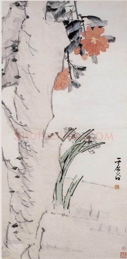 清 虚谷 《山茶水仙图轴》 书画作品